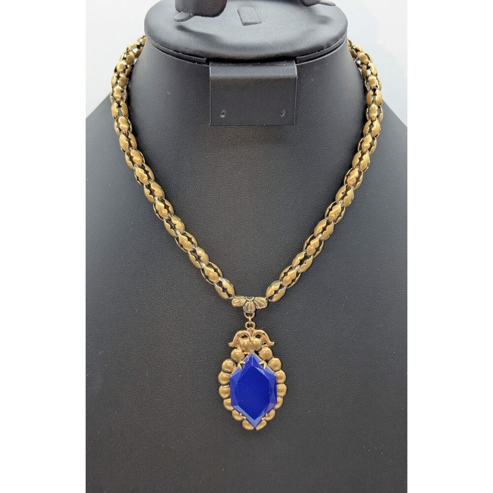 VTG/Antique Marked Czech Opaque Blue Pendant Muted Gold Tone Chain 16" Necklace - Picture 8 of 9